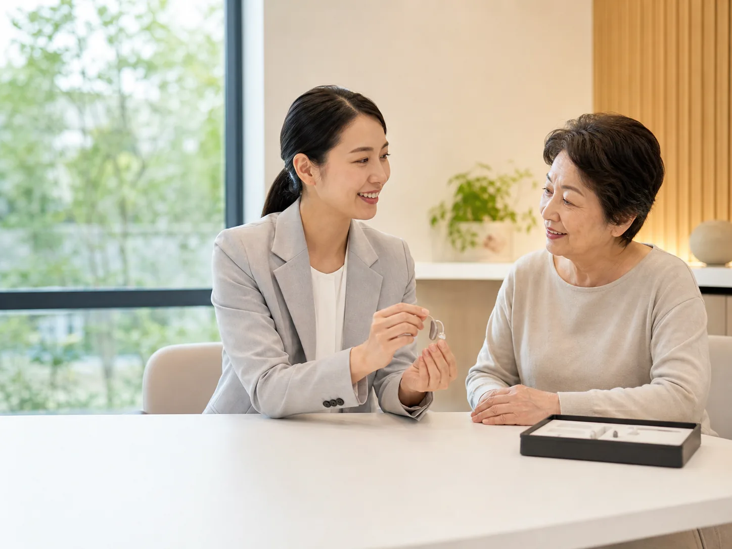 Asian healthcare professional discussing hearing support with a client